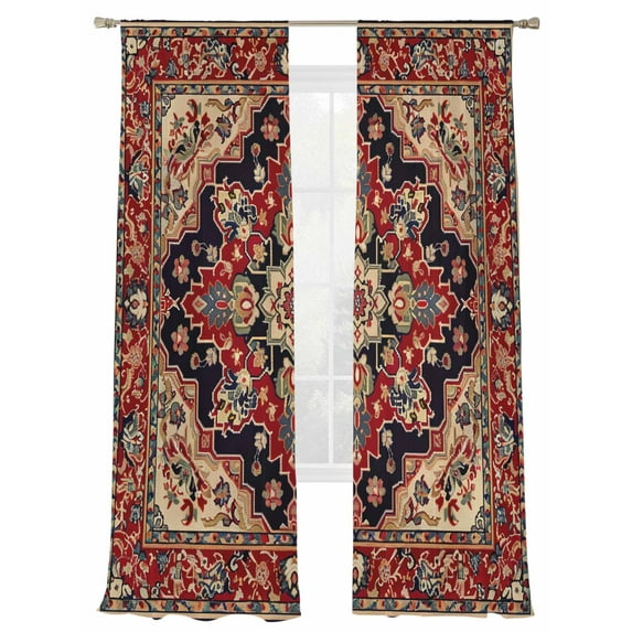 Red Vintage Sheer Curtains 84 inches Long 2 Panels Set Floral Pattern Ethnic Style Tiers Sheers Rod Pocket Small Window Short Curtains for Kitchen Cafe, Each 52" W x 84" L