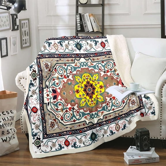 Red Vintage Sherpa Blanket Persian Blanket, Oriental Throw Blanket for Chair Boho Aesthetic Fleece Blanket Twin Size, Retro Traditional Plush Blanket Hippie Paisley Home Decor Breathable