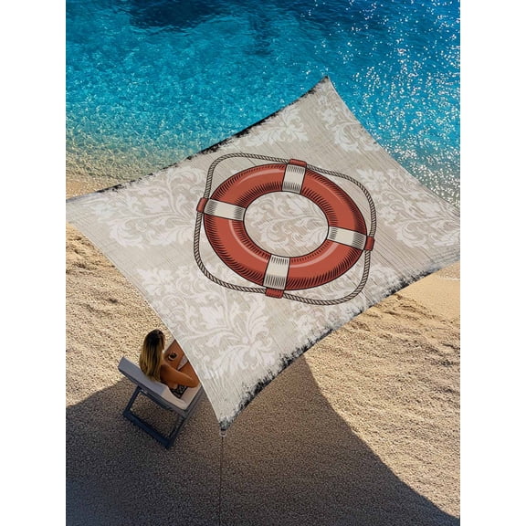 Red Vintage Swimming Ring Sun Shade Sail 6.5' x 10', Nautical Ocean Wood Texture Rectangle Outdoor Sunshade Canopy, Waterproof UV Block Patio Covers for Garden Yard Beach