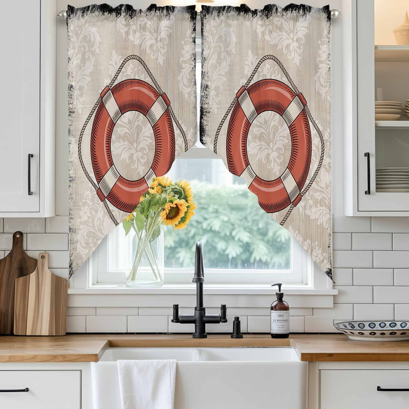 Red Vintage Swimming Ring Swag Curtain Valance for Windows, Nautical ...