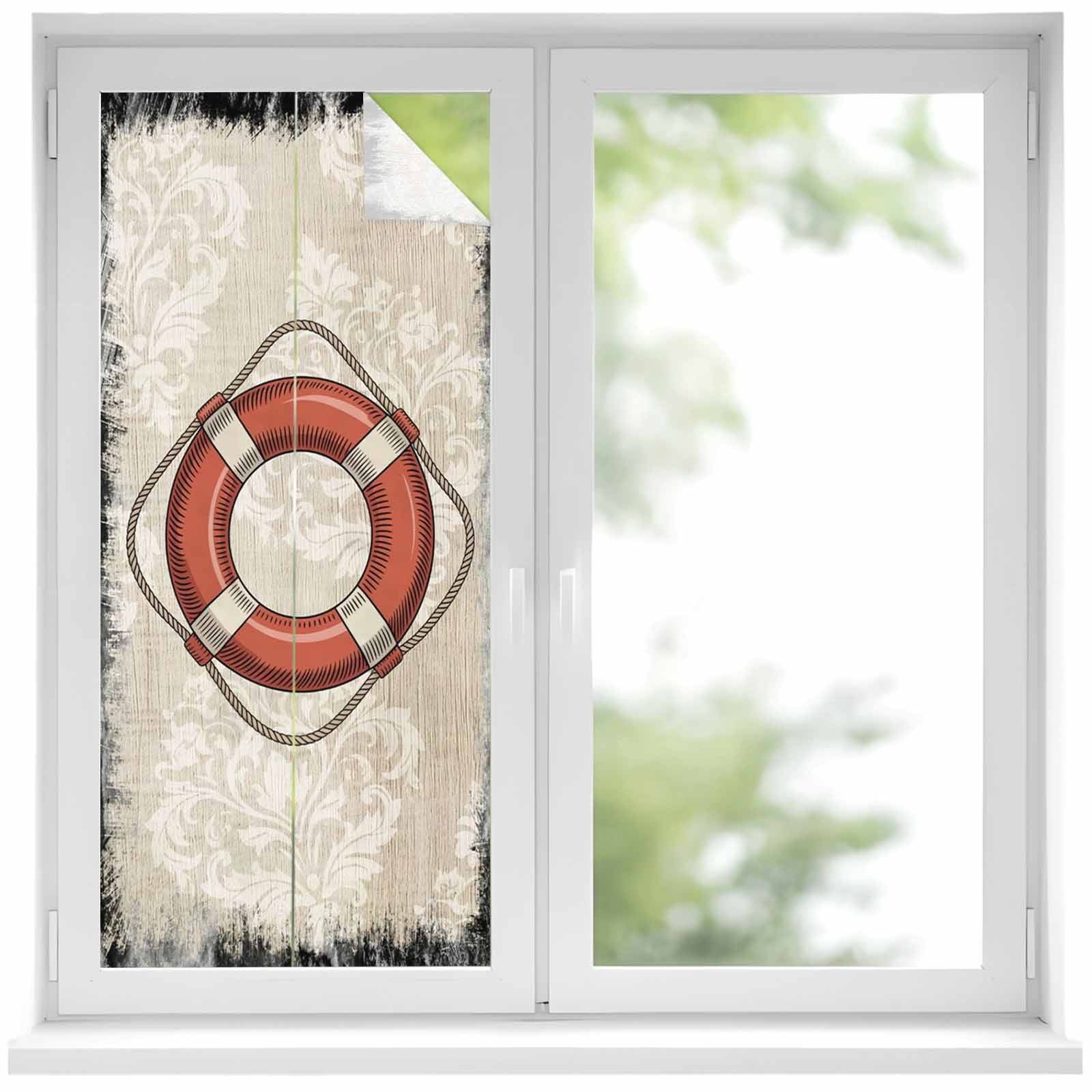 Red Vintage Swimming Ring Window Privacy Film, Nautical Ocean Wood ...