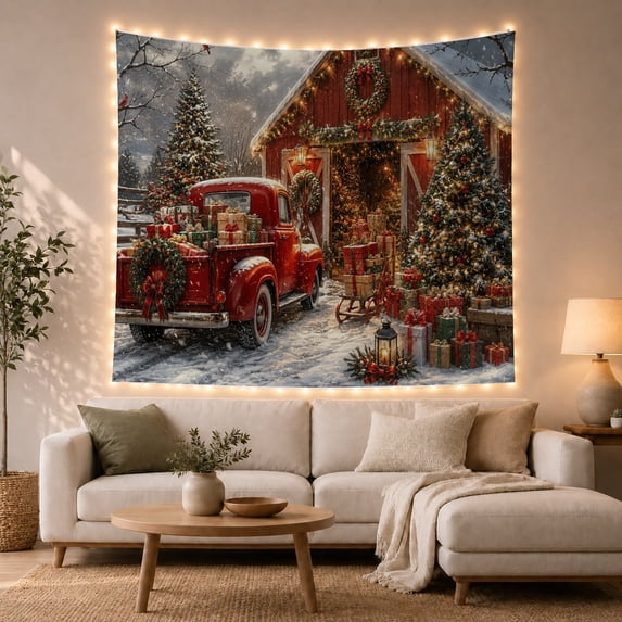 Red Vintage Truck in Snow with Gifts, Cozy Rustic for Farmhouse Lovers, Barn Scene Art Decor, Christmas Gift, Tapestry Wall Hanging for Bedroom and Living Room