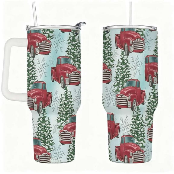 Red Vintage Truck Tumbler with Lid and Straw, Insulated Christmas Truck Travel Cup