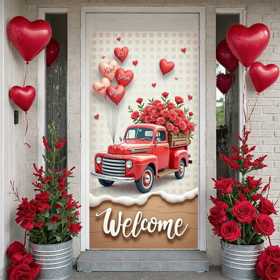 Red Vintage Truck Welcome Banner Red Roses Romantic Display Heart-shaped Balloons Pattern Love Backdrop for Valentine's Day Party Wedding Reception Welcome Ceremony