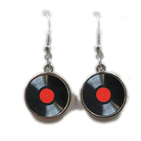 Red Vinyl Record Earring Earrings Long Player DJ Vintage 80's Hair Music Metal Shred Passion Love Dangle Thrash Goth Punk Style Emo Phonograph Album (RedVinyl)