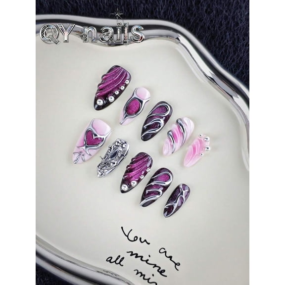 Red Violet Almond Press-On Nails With Metallic Swirls & Gem Accents, 10pcs