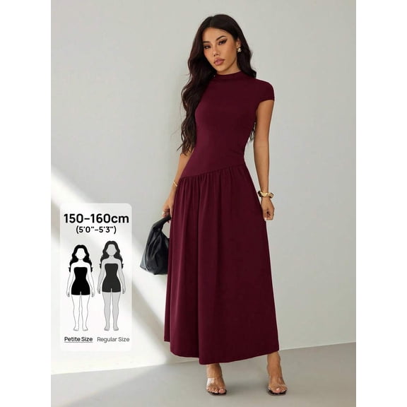 Red Violet High Neck Short Sleeve Maxi Dress With Ruched Waist For Women