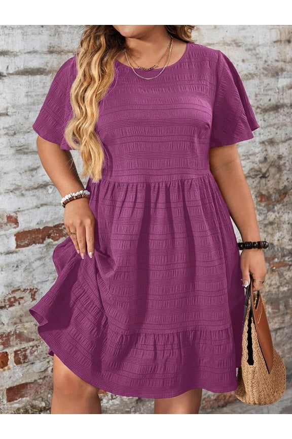 Red Violet Plus Size Round Neck Ruffle Sleeve Drop Waist Casual Summer Dress