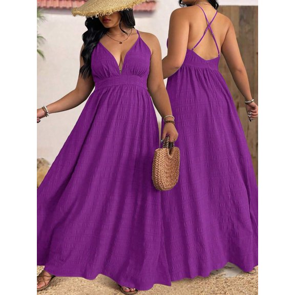 Red Violet Plus Size V-Neck Spaghetti Strap Criss Cross Back Textured Maxi Dress For Summer Beach Vacation
