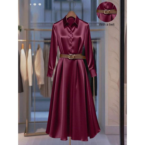 Red Violet Satin Shirt Dress With Belted Waist A-Line Maxi For Women
