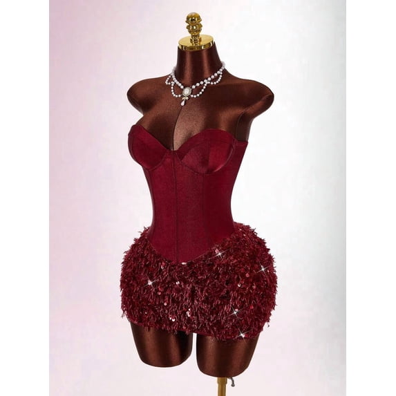 Red Violet Solid Corset Bandeau Mini Dress With Furry Sequin Skort, Sweetheart Neckline, Party Dress