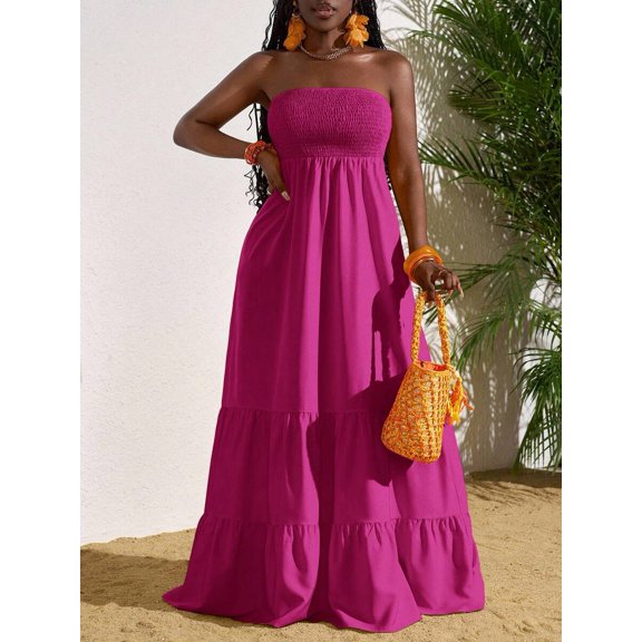 Red Violet Solid Strapless Ruffle Hem Maxi Dress For Women