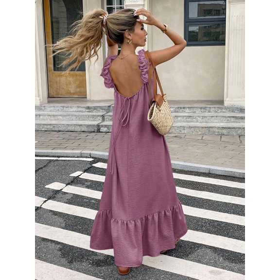 Red Violet Womens Sleeveless Ruffle Hem Maxi Dress With Open Back And Tie Detail