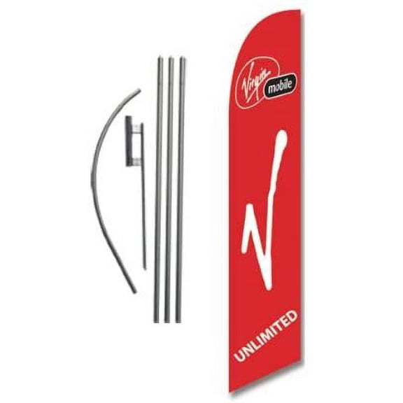 Red Virgin Mobile Advertising Feather Banner Swooper Flag Sign with Flag Pole Kit and Ground Stake