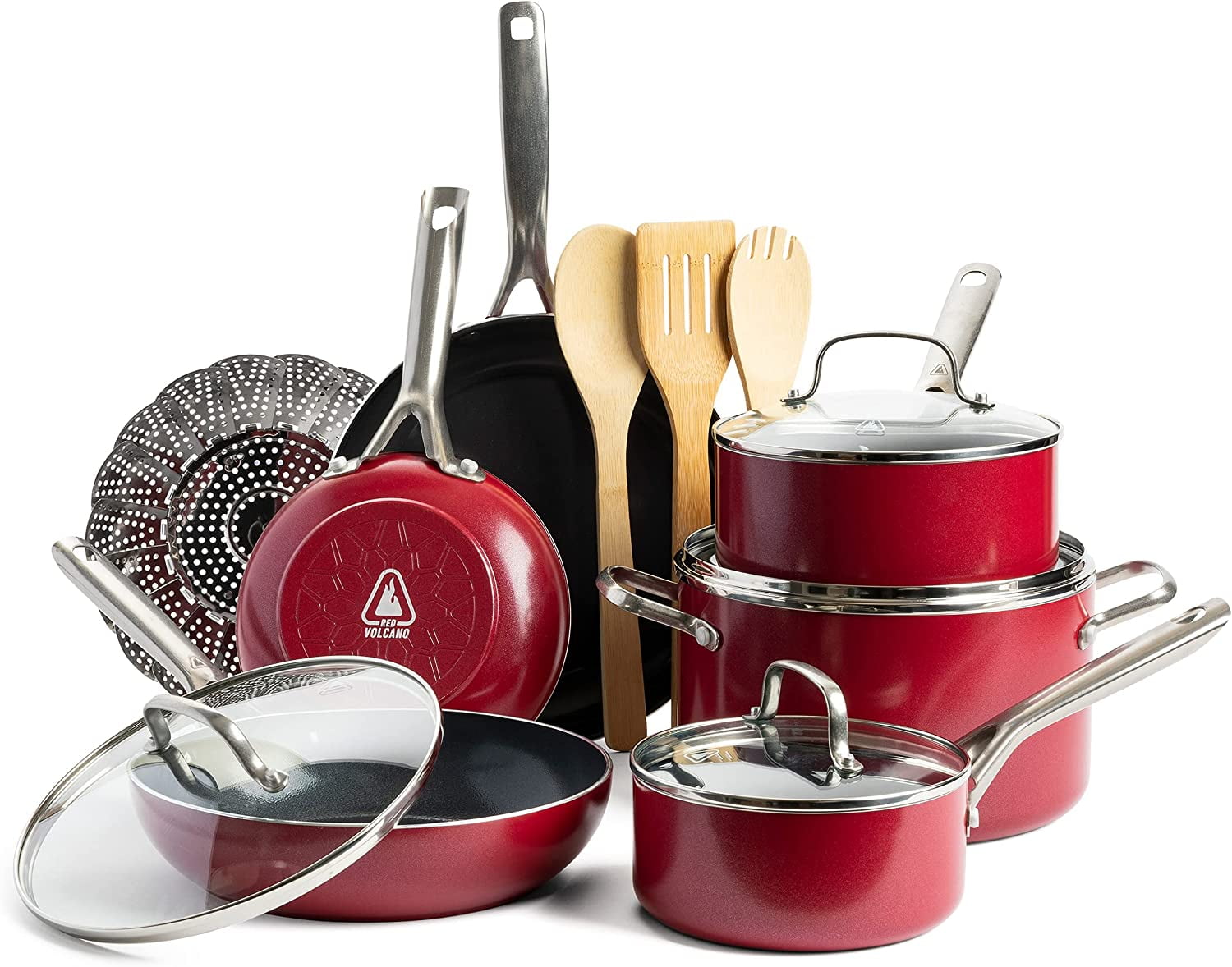 Red Volcano Textured Ceramic Nonstick 12 Piece Cookware Pots and Pans