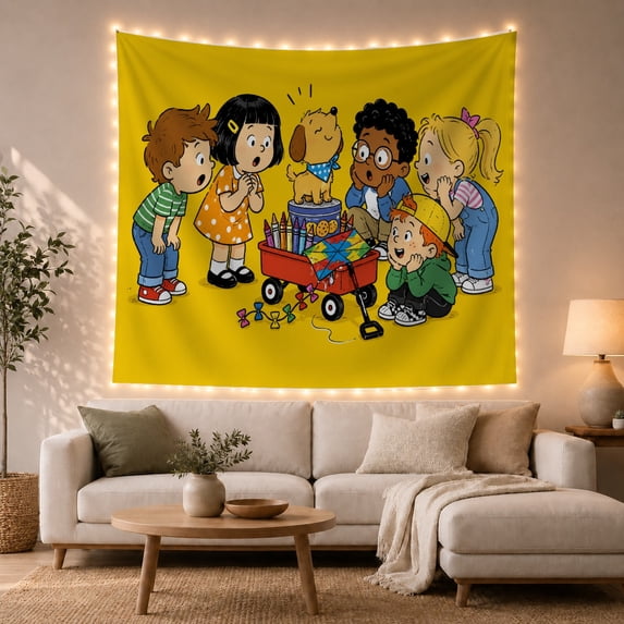 Red Wagon with Art Supplies, Dog and Butterflies, Playful Illustration for Kids, Creative Wall Decor, Back to School Gift, Tapestry Wall Hanging for Playroom and Classroom
