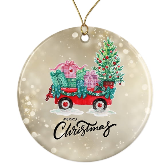 Red Wagon Christmas Ornament - Tree and Gifts Decor - Unique Family Keepsake - Festive Holiday Decoration Ceramic Ornament - 3 Inch Christmas Tree Round Ornament - Xmas Holiday Decor ORNW0285