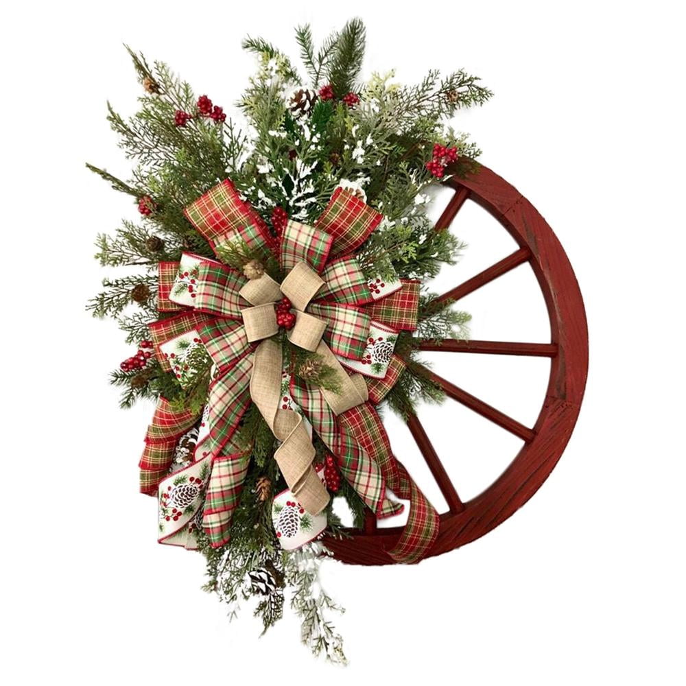Red Wagon Wheel Wreath with Ribbons Pine Trees Berries | Vintage Farmhouse Wreath for Front Door | Christmas Decorations Wreath for Window Outdoor | Winter Wreath Home Garden Decorations Garland