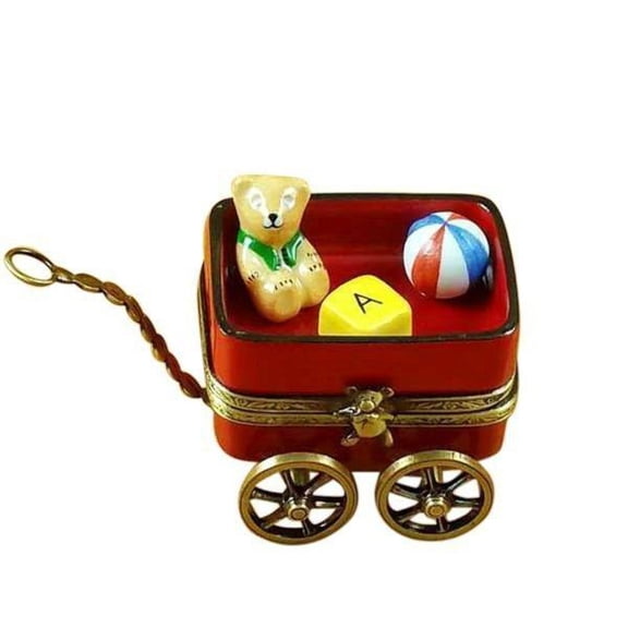 Red Wagon Teddy Bear Keepsake Limoges Box Porcelain Figurine