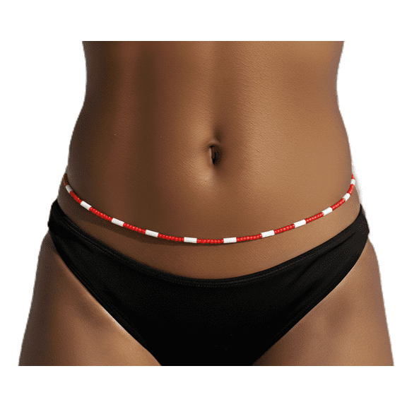Red Waist Beads with Glow in Dark Accents, 2MM Seed Beads, 44 Inches of Beads, Traditional Tie-On Cotton Thread