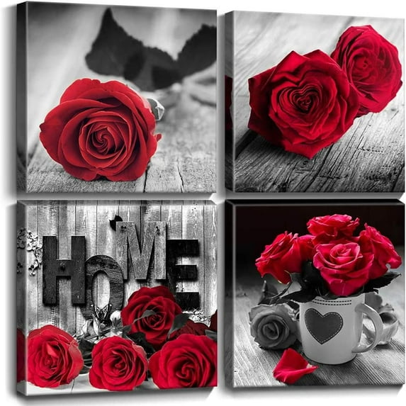 Red Wall Decor for Bedroom Red Bathroom Accessories Black and White Canvas Wall Art Rose Pictures for Living Room Home Decor Flower Painting Couples Bedroom Kitchen Modern Artwork 12x12"4Pcs/Set