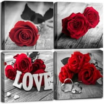Red Wall Decor Couple Bedroom Canvas Wall Art Flower Rose Prints Picture for Living Room Bathroom Home Decoration 12x12/4Pcs Floral Poster Painting Accessories Modern Artwork