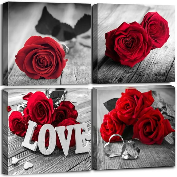 Red Wall Decor Couple Bedroom Canvas Wall Art Flower Rose Prints Picture for Living Room Bathroom Home Decoration 12x12/4Pcs Floral Poster Painting Accessories Modern Artwork