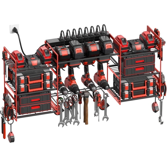 Red Wall Mount Power Tool Organizer with 6 Foot Power Strip 8 Outlets 8 Slots 8 Hooks and 3 Tier Shelves
