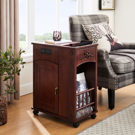 Red Walnut Finish - 3-Pronged Outlet - Bedside Use - Convenient for Electronics