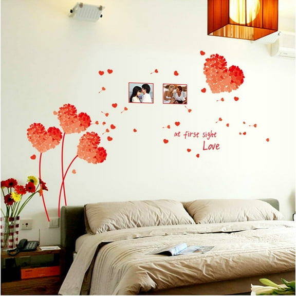 Red Warm Heart Type Flowers Wall Decal Sticker - DIY PVC Removable Transparent Film Self-Adhesive Mural Art Wall Decor for Living Room, Bedroom Kids Room Nursery TV Sofa Background