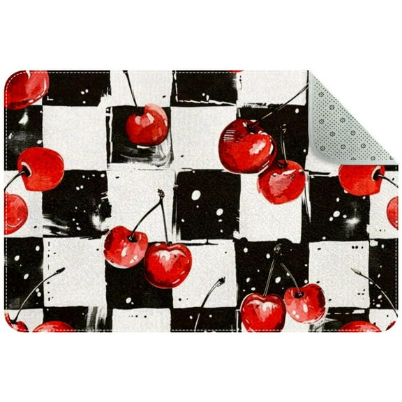 Red Watercolor Cherries on Black and White Checkers Small Area Rug, Non-Slip Door Mat Indoor Floor Mat, Washable Kitchen Rug Entrance DMat for Bedroom Living Room