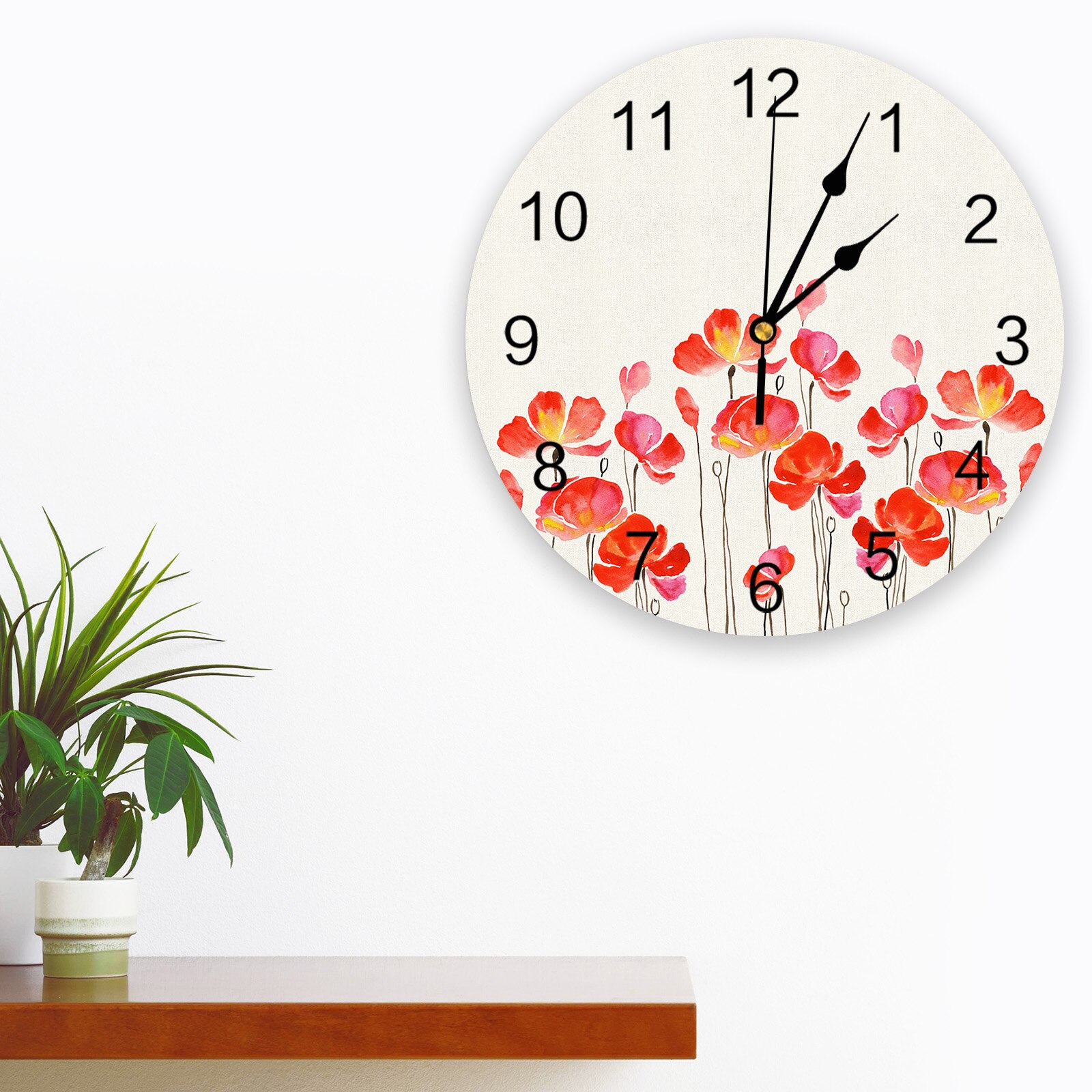 Red Watercolor Poppies Wall Clock Silent Digital Clocks for Home