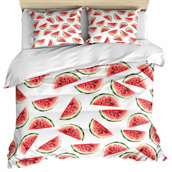 Red Watermelon Bedding 3 Piece Duvet Cover Set Queen Size, Summer Fruit Tropical Watercolor White Soft Microfiber Comforter Cover with Zipper Closure & Pillowcases, FadeResistant Quilt Cover