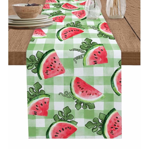 Red Watermelon Burlap Cotton Table Runner 13x72 Inches Long, Summer Leaves Green Plaid Farm Pastoral Farmhouse Table Runners, Outdoor Dining Tablecloths Decor for Baby Shower/Party/Wedding