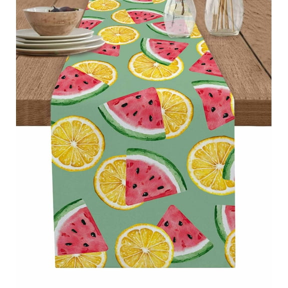 Red Watermelon Burlap Cotton Table Runner 14x72 Inches Long, Lemon Summer Fruit Country Pastoral Farmhouse Table Runners, Outdoor Dining Tablecloths Decor for Baby Shower/Party/Wedding