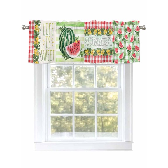 Red Watermelon Curtain Valances for Windows, Summer Green Leaves Floral Retro Country Kitchen Valance Window Treatment, Light Filtering Block Curtains for Bathroom/Bedroom/Living Room 54'' x 18''