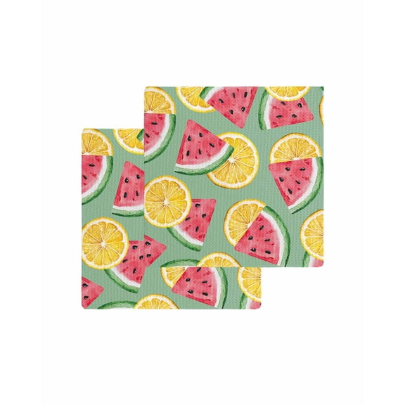Red Watermelon Kitchen Dish Towels for Drying Dishes Set of 2, Lemon Summer Fruit Country Pastoral Waffle Weave Microfiber Terry Hand Tea Bathroom Towels Quick Dry & Absorbent Towel 12x12