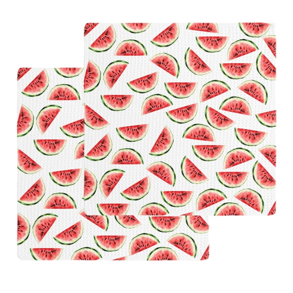 Red Watermelon Kitchen Dish Towels for Drying Dishes Set of 2, Summer Fruit Tropical Watercolor White Waffle Weave Microfiber Hand Tea Bathroom Towels Quick Dry & Absorbent Towel 12x12
