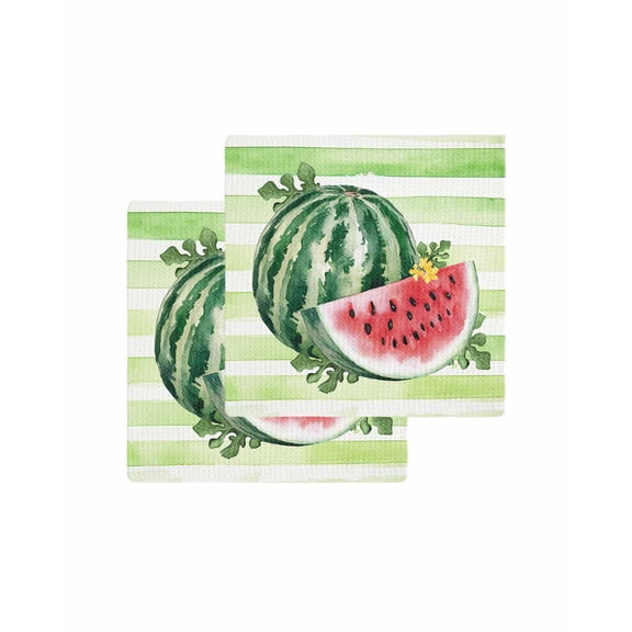 Red Watermelon Kitchen Dish Towels for Drying Dishes Set of 2, Summer Green Striped Country Rustic Waffle Weave Microfiber Terry Hand Tea Bathroom Towels Quick Dry & Absorbent Towel 12x12