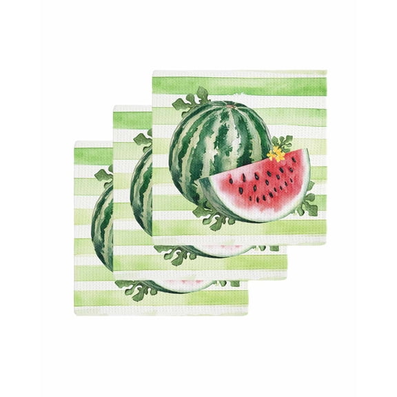 Red Watermelon Kitchen Dish Towels for Drying Dishes Set of 3, Summer Green Striped Country Rustic Waffle Weave Microfiber Terry Hand Tea Bathroom Towels Quick Dry & Absorbent Towel 12x12