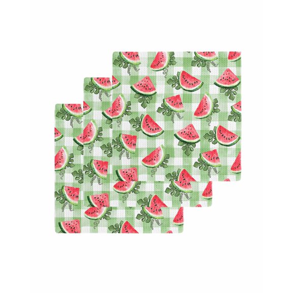 Red Watermelon Kitchen Dish Towels for Drying Dishes Set of 3, Summer Leaves Green Plaid Farm Pastoral Waffle Weave Microfiber Terry Hand Tea Bathroom Towels Quick Dry & Absorbent Towel 12x12