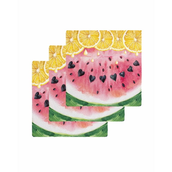 Red Watermelon Kitchen Dish Towels for Drying Dishes Set of 3, Yellow Lemon Summer Fruit Country Waffle Weave Microfiber Terry Hand Tea Bathroom Towels Quick Dry & Absorbent Towel 12x12