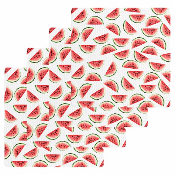 Red Watermelon Kitchen Dish Towels for Drying Dishes Set of 4, Summer Fruit Tropical Watercolor White Waffle Weave Microfiber Hand Tea Bathroom Towels Quick Dry & Absorbent Towel 12x12