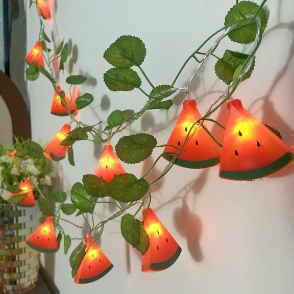 Red Watermelon Slice String Lights Flashing LED Watermelon Green Leaves Vine Garland Fairy Light Battery Powered for Birthday Garden Patio Christmas Decoration (9.8ft/20LED, Green Leaf+Watermelon)
