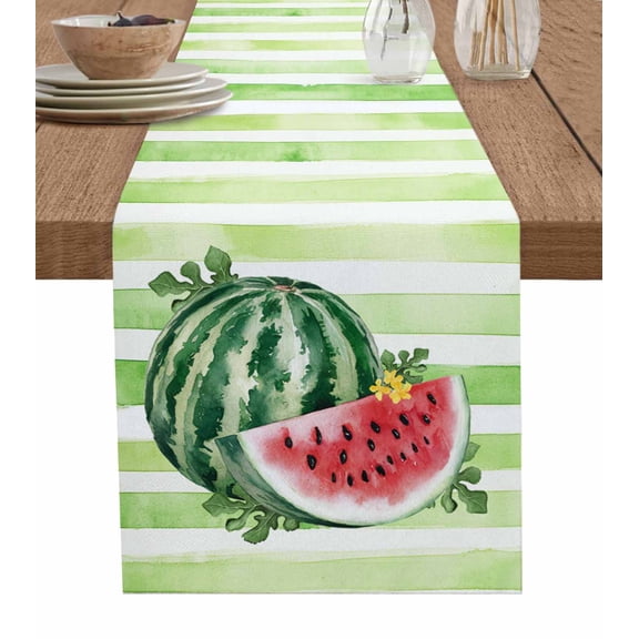 Red Watermelon Table Runner Cotton Linen 120 Inch Holiday Dresser Scarves, Summer Green Striped Country Rustic Tablerunner for Kitchen Coffee Dining Bedroom Living Room Dinner Scarf Décor 13''x120''