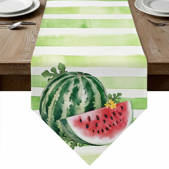 Red Watermelon Table Runner Linen Burlap Table Runner 70 Inches Long Summer Green Striped Country Rustic Dresser Scarves for Kitchen Island Coffee Dining Party Wedding Banquet Holiday Decor 13"x70"