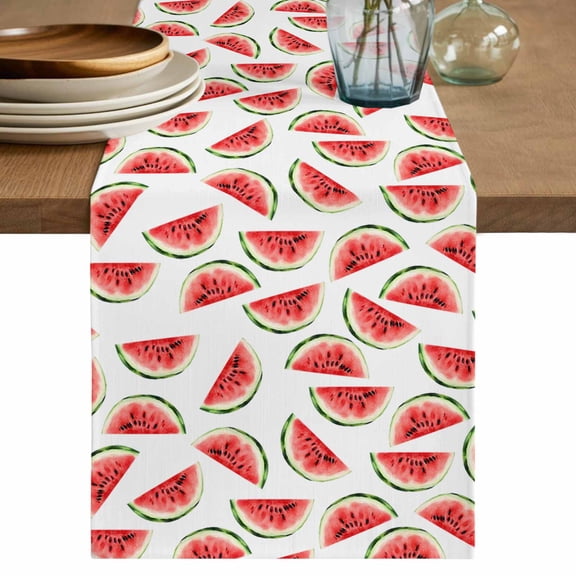 Red Watermelon Table Runner, Summer Fruit Tropical Watercolor White Washable Cotton Linen Table Runners 36 Inches Long, Dresser Scarf Runner for Nightstand/End Tables/Round Tables 13''x36''