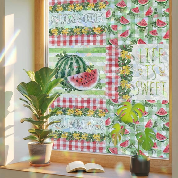 Red Watermelon Window Privacy Film Rainbow Static Cling Stain Glass Window Film for Glass Door, Decorative Sunroof Decal Sticker for Car Bathroom 19.6"x39.3" Summer Green Leaves Floral Retro Country