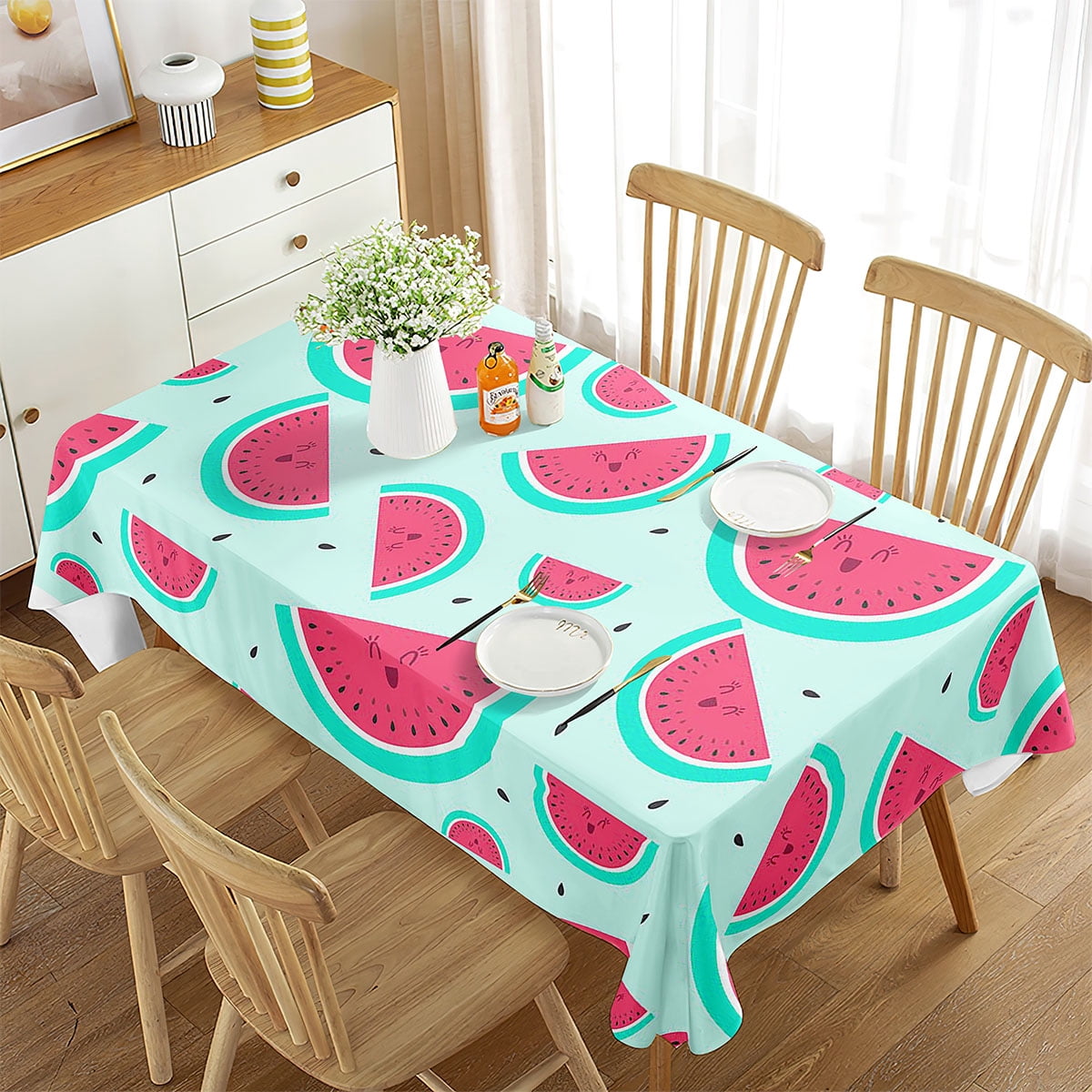 Aperturee Sweet Summer Rectangle Tablecloth, Pink Ice Cream and Watermelon Dining Table Decor