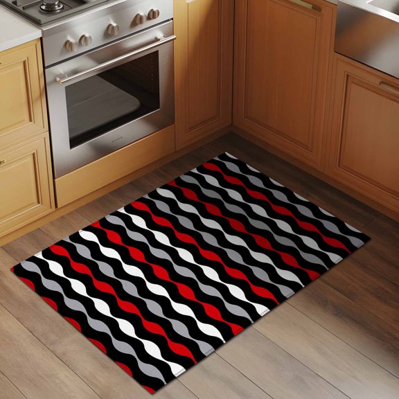 Red Wave Line 2x3 Rug for Entryway Front Door Kitchen Sink Area, Modern Gray Black Striped Abstract Gradient Low Pile Washable Non Slip Rectangle Area Rug